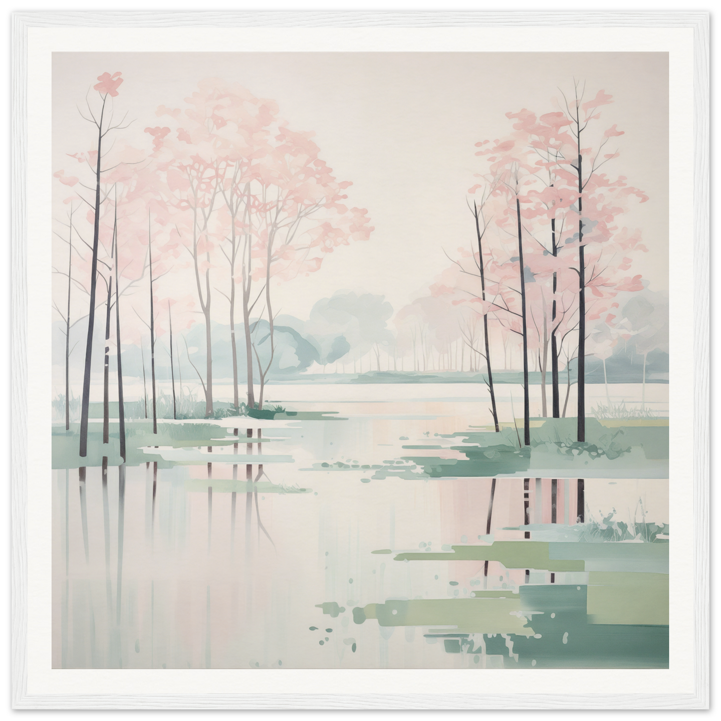 Tranquil watercolor landscape with pink-topped trees for nursery wall art or decor