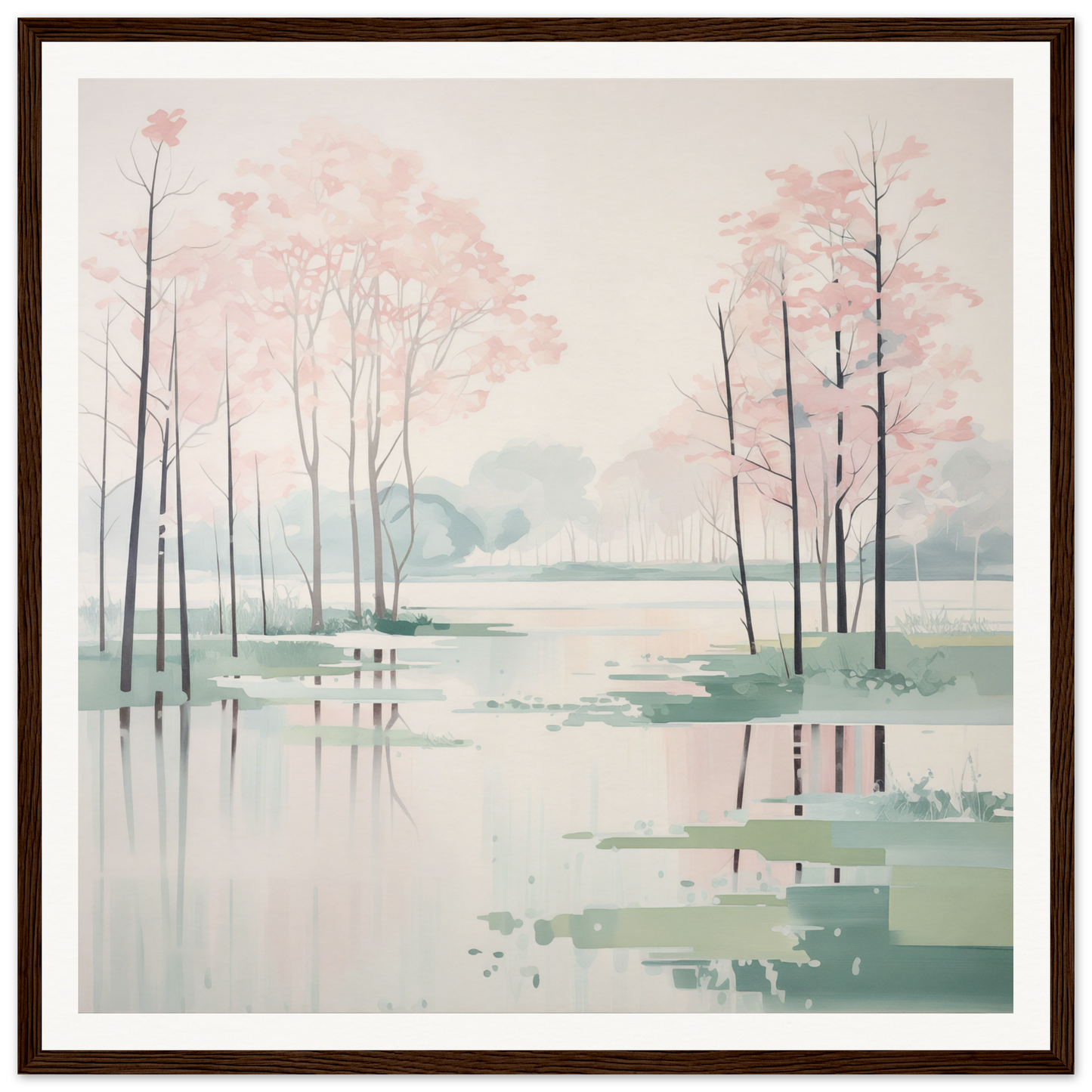 Serene watercolor of a misty lake with blossoms, perfect for nursery wall art