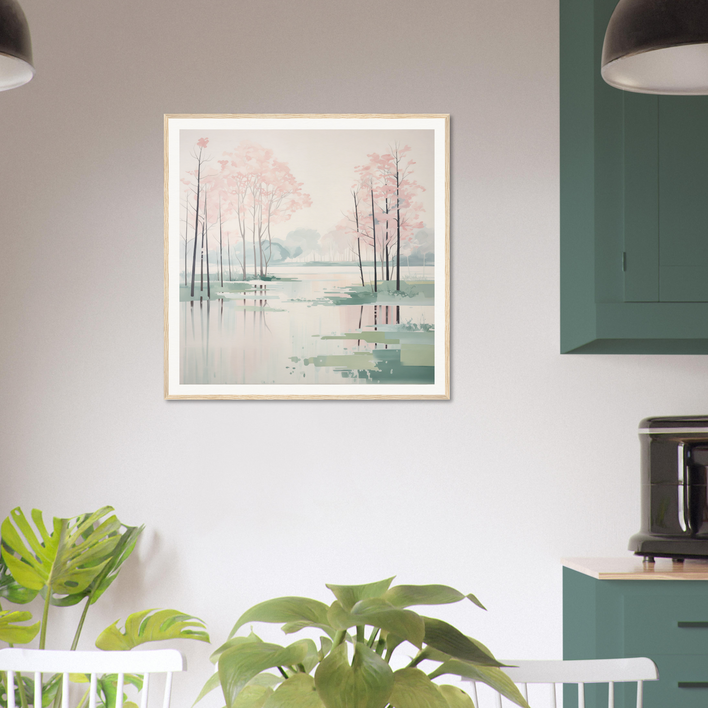 Framed watercolor painting of misty trees reflecting in water for nursery wall art