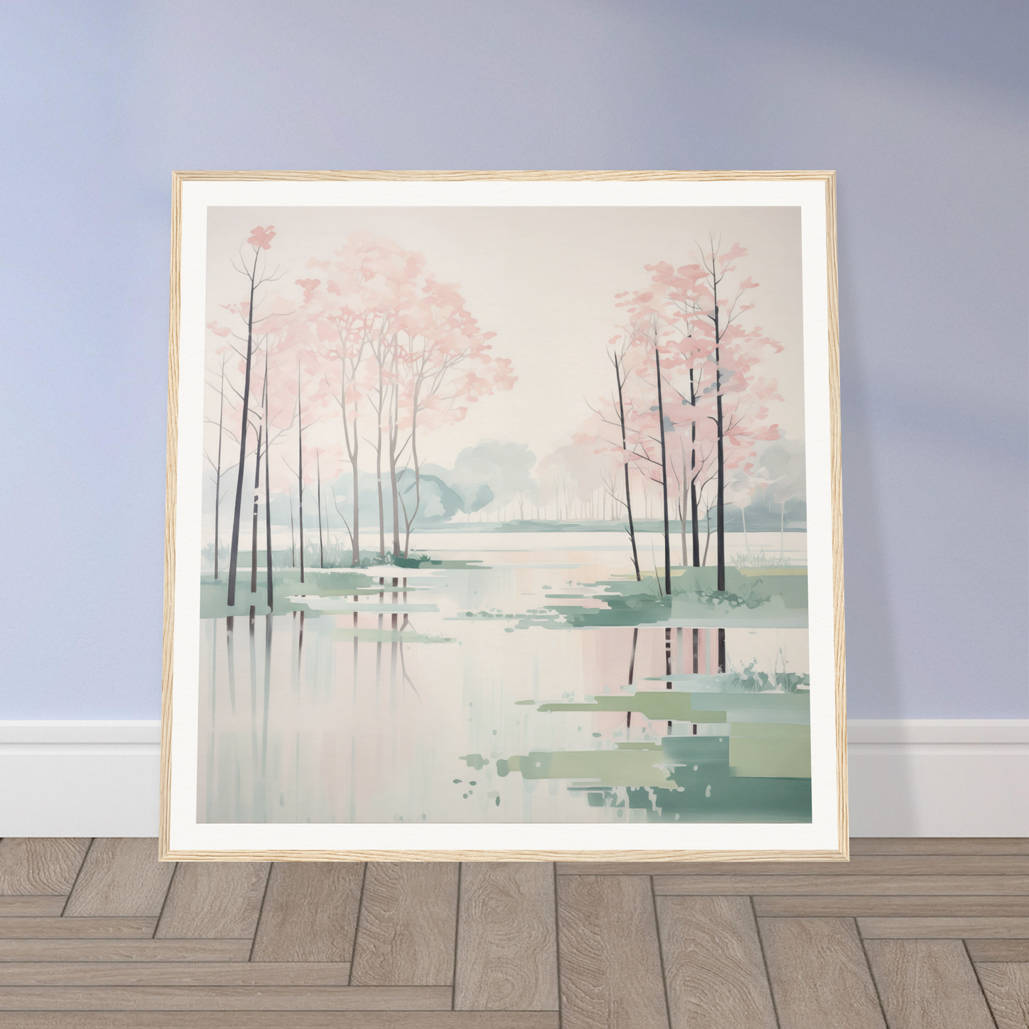 Framed watercolor painting of misty trees for nursery wall art and decor