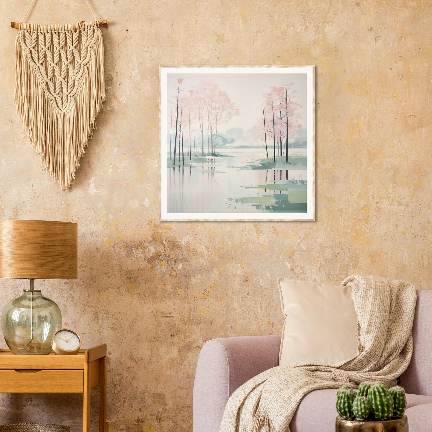 Framed watercolor of misty trees for charming nursery wall art decor