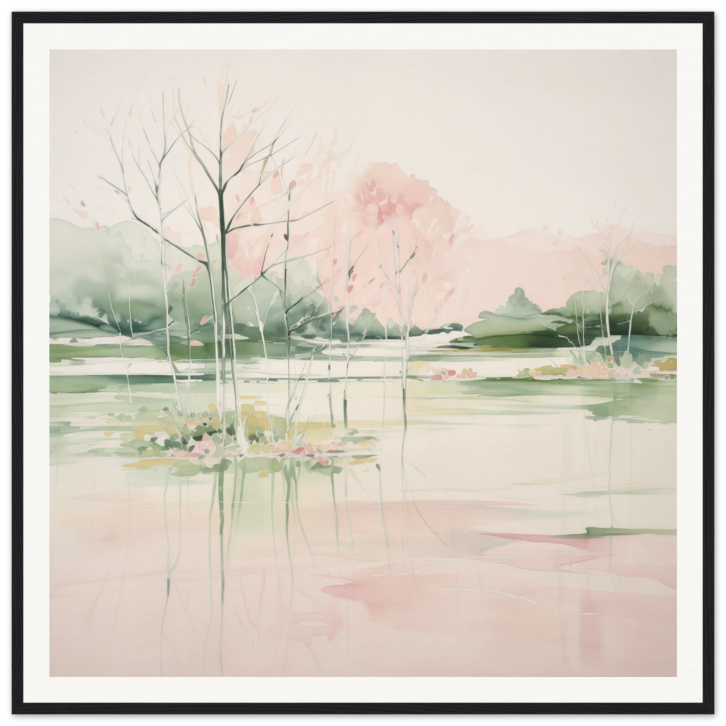 Delicate watercolor landscape with bare trees, perfect for nursery wall art