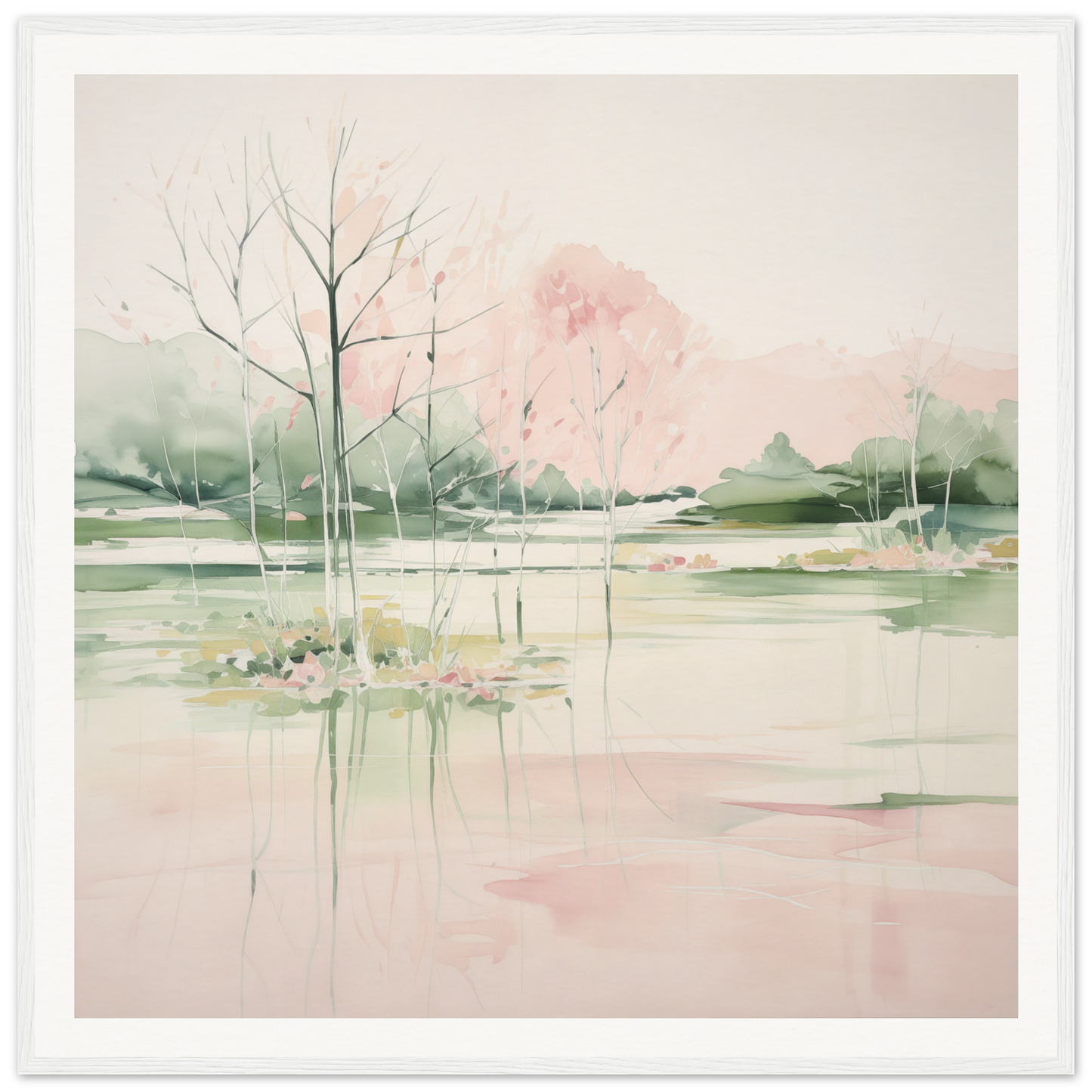 Delicate watercolor landscape with bare trees for charming nursery wall art framed poster