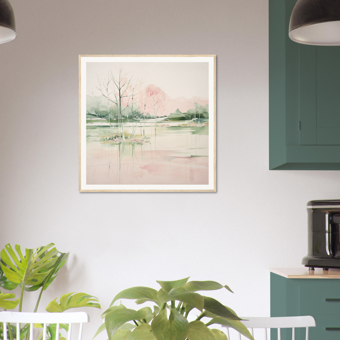 Framed watercolor painting of a serene landscape for nursery wall art or decor