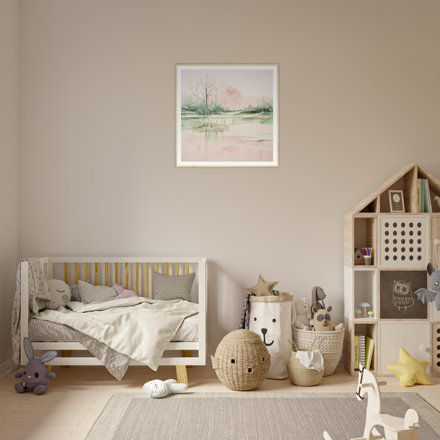 Cozy Wooden crib with gray bedding and yellow accents perfect for nursery decor