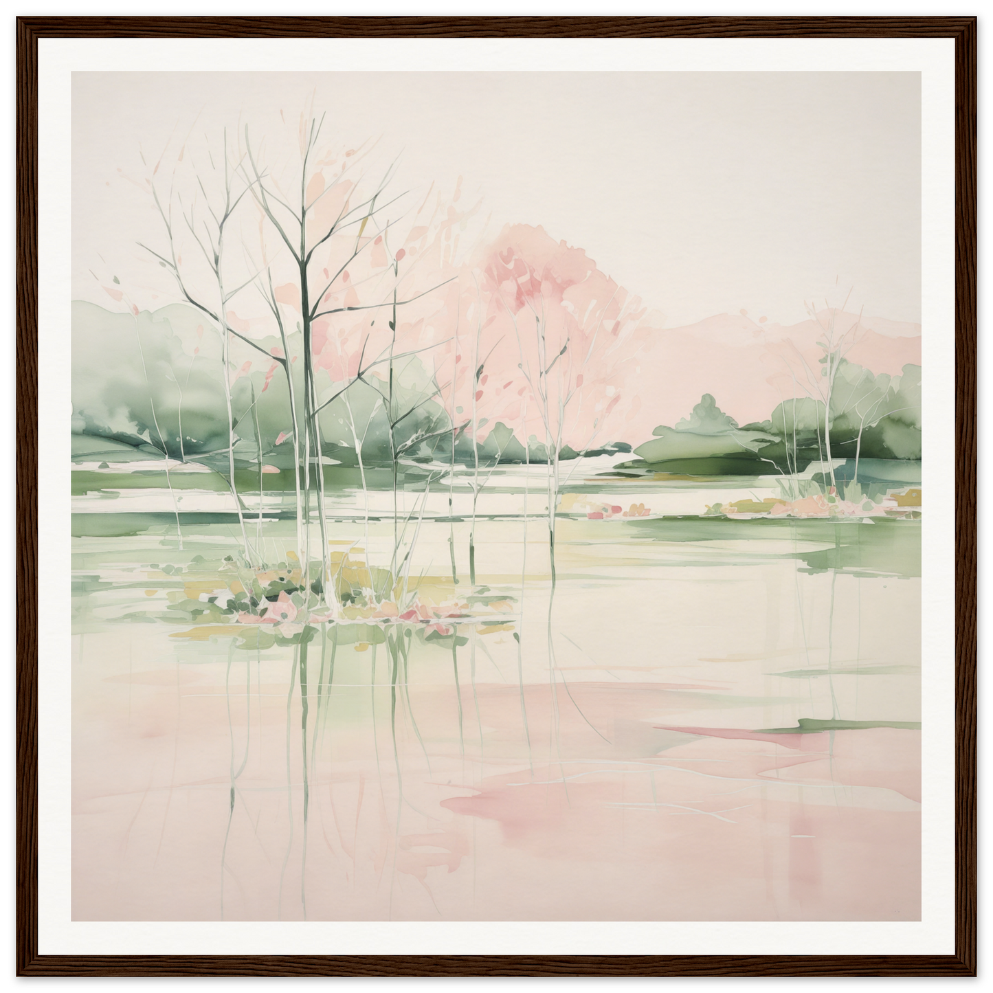 Watercolor landscape with bare trees and reflections, perfect for nursery wall art