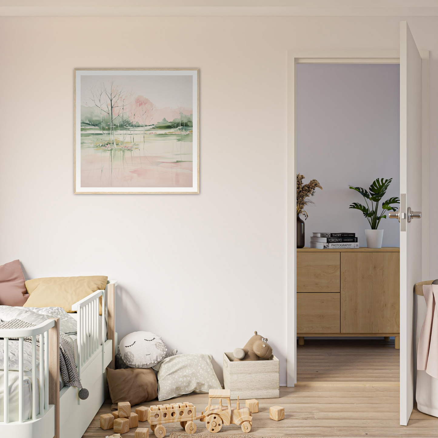 White wooden crib with curved railings, perfect for stylish nursery decor