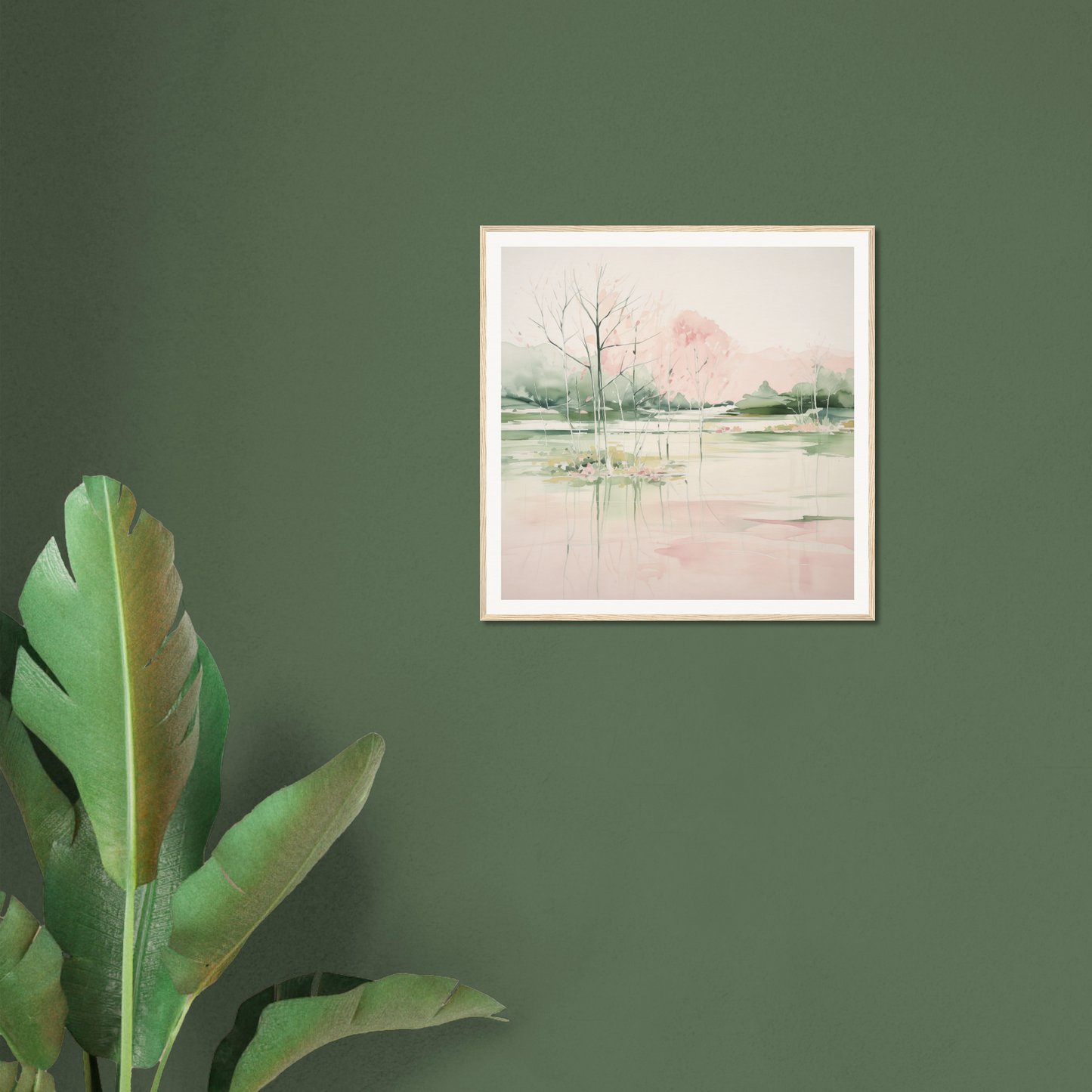 Framed watercolor painting of a misty winter landscape for trendy nursery decor