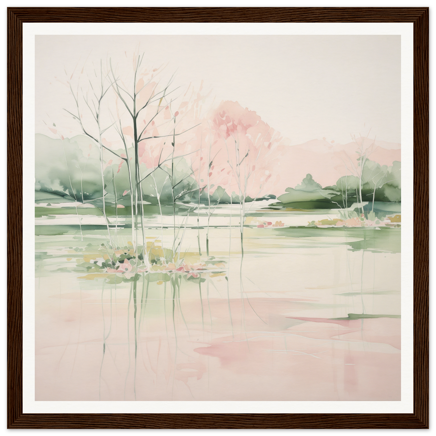 Delicate watercolor landscape with trees and reflection, perfect for nursery wall art