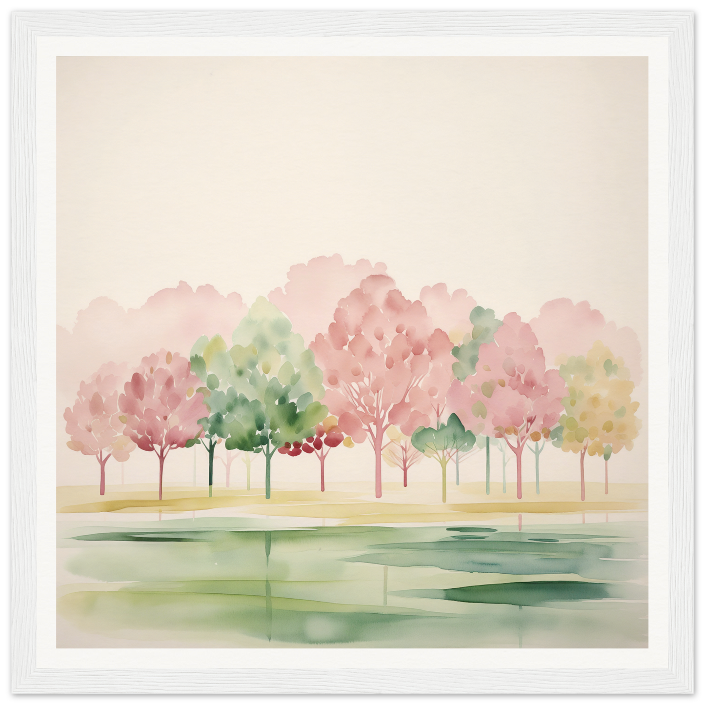 Watercolor painting of serene pink and green trees for nursery wall art decor