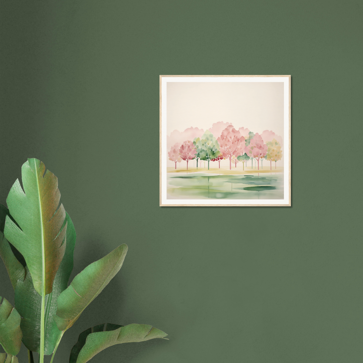 Framed watercolor painting of pink and green trees, perfect for nursery wall art
