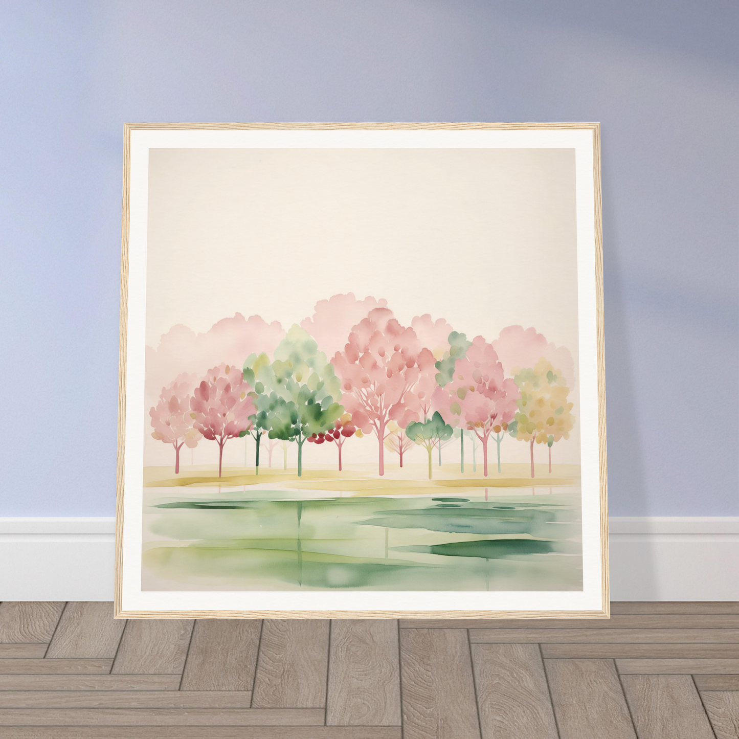 Framed watercolor painting of pink and green trees, perfect for nursery wall art