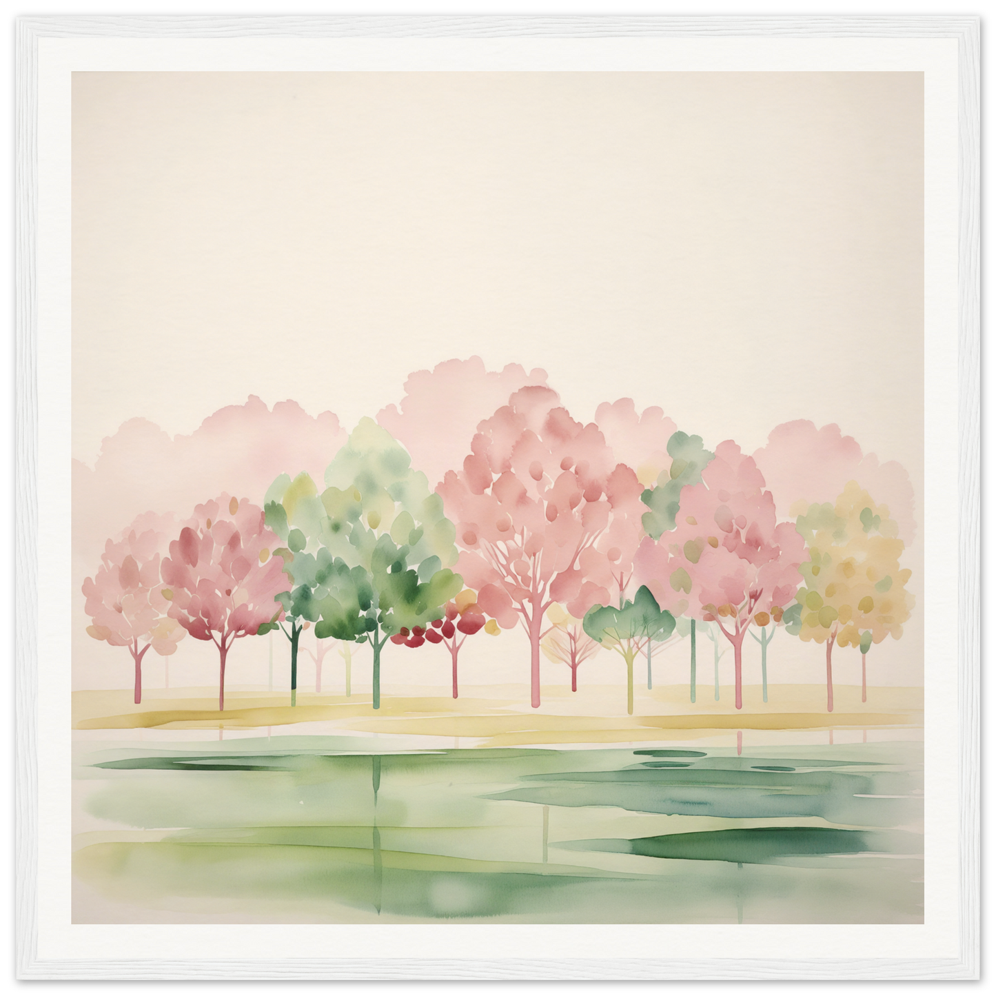 Watercolor painting of pink and green trees reflecting in a lake for nursery wall art