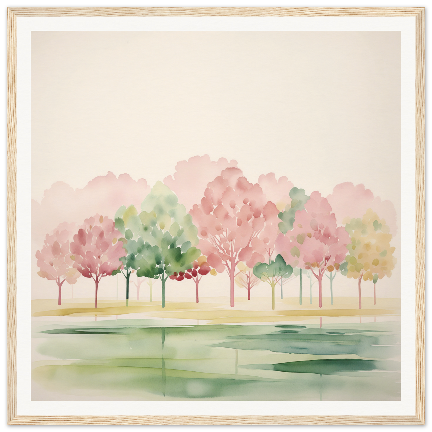 Watercolor painting of pink and green trees reflected in a lake for nursery wall art