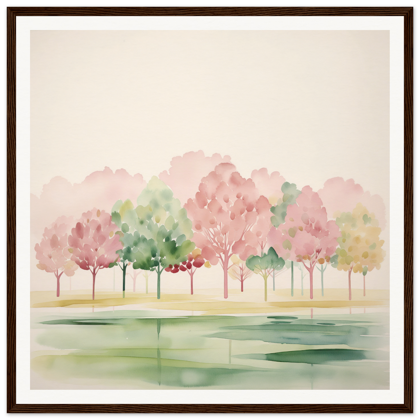 Watercolor painting of pink and green trees reflecting in lake for nursery wall art