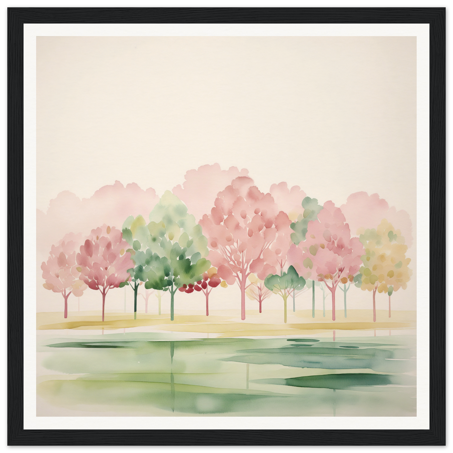 Watercolor painting of pink and green trees mirrored in lake for nursery wall art