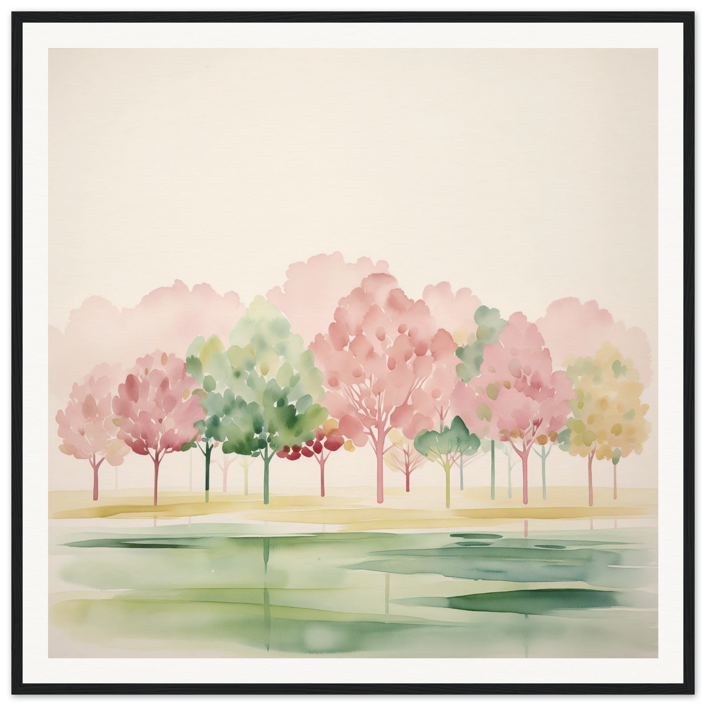 Watercolor painting of pink and green trees for cute nursery wall art or decor