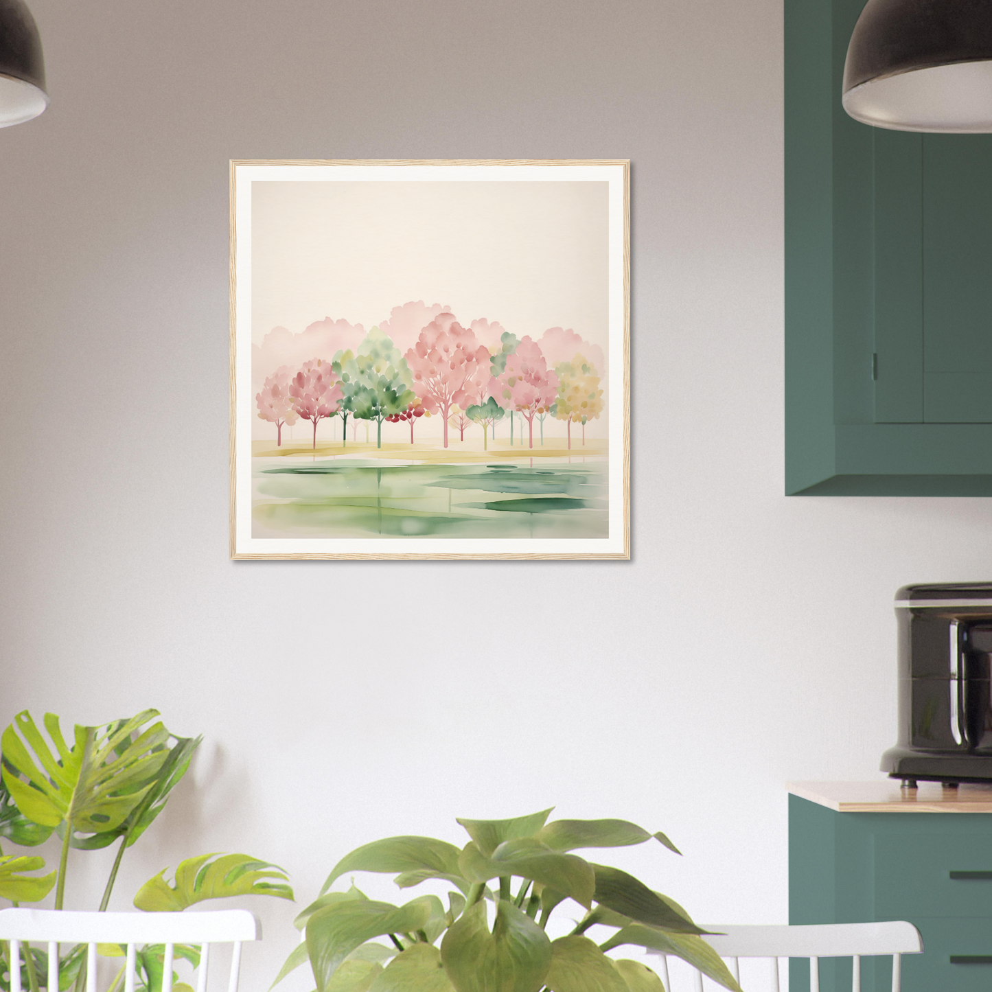 Framed watercolor painting of cherry trees, perfect for nursery wall art or decor