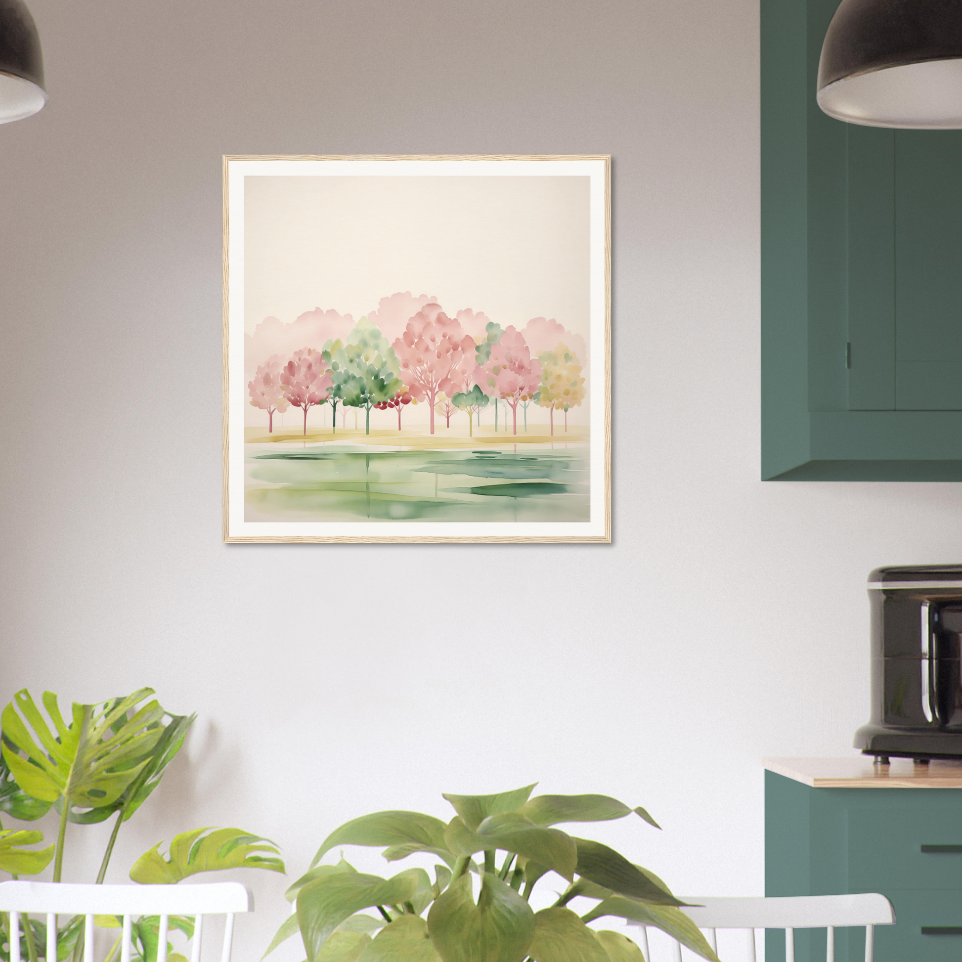 Framed watercolor painting of cherry trees, perfect for nursery wall art or decor