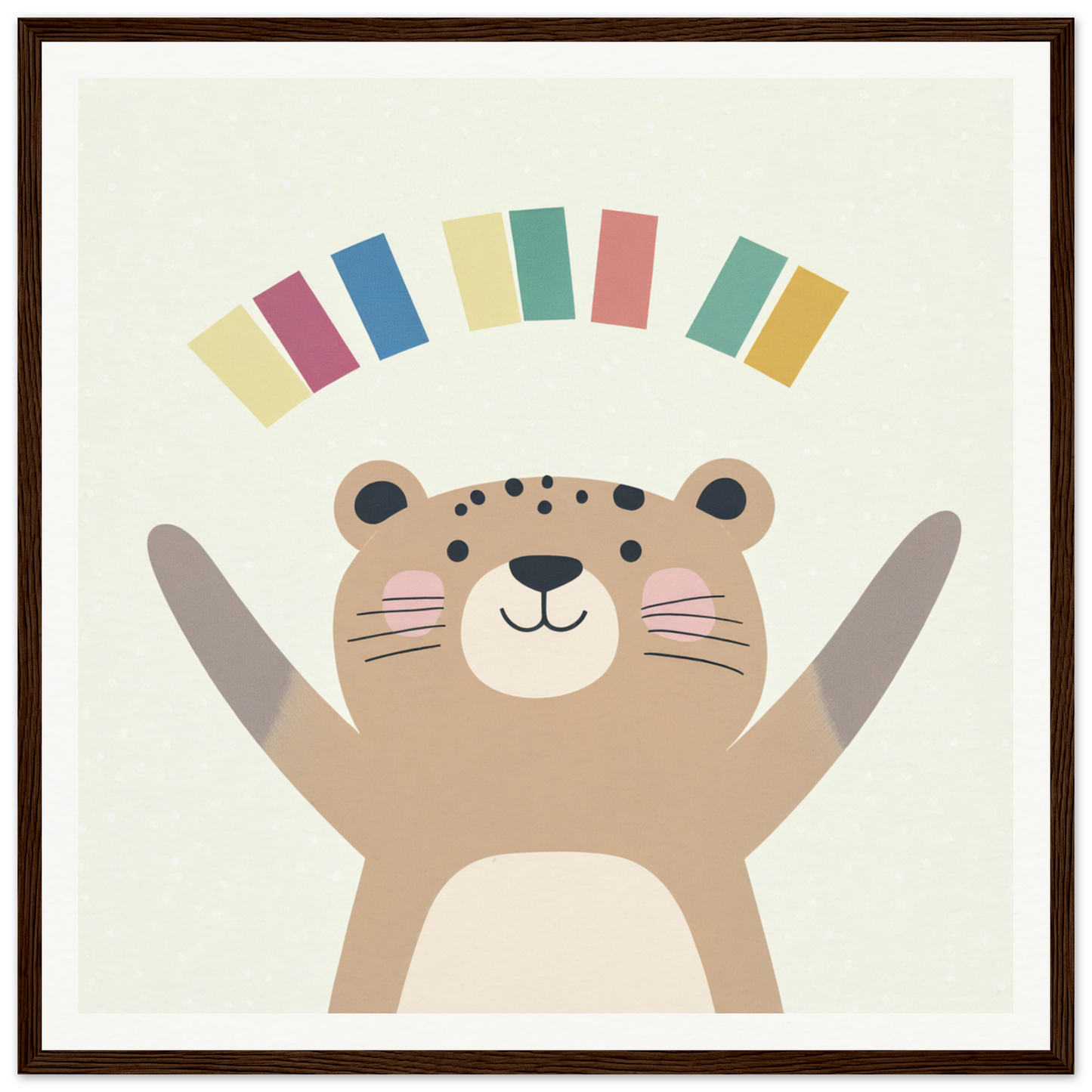 Cheerful cartoon leopard with arms up under rainbow blocks for fun nursery wall art