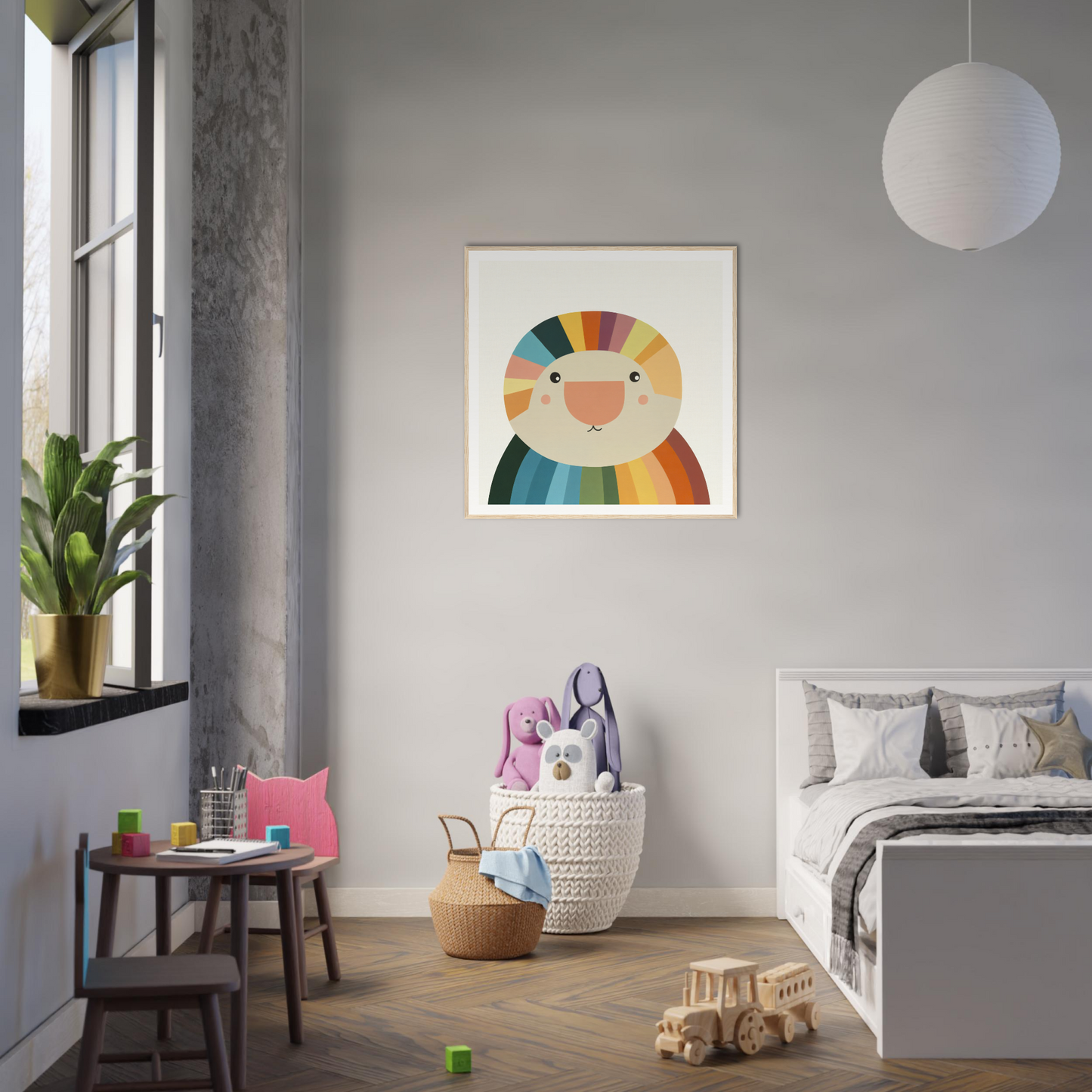 Colorful abstract lion artwork for nursery wall art, framed poster on gray wall