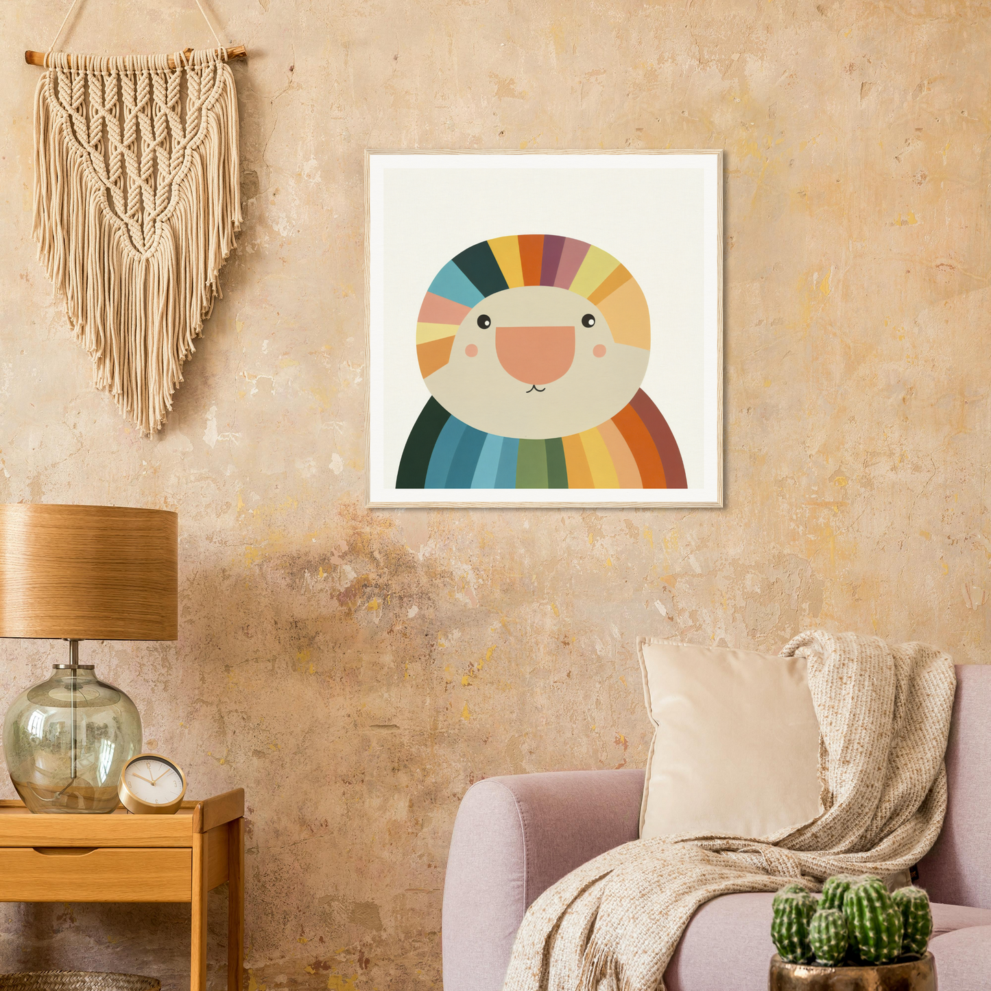 Colorful rainbow-striped lion art print for fun nursery wall art or decor