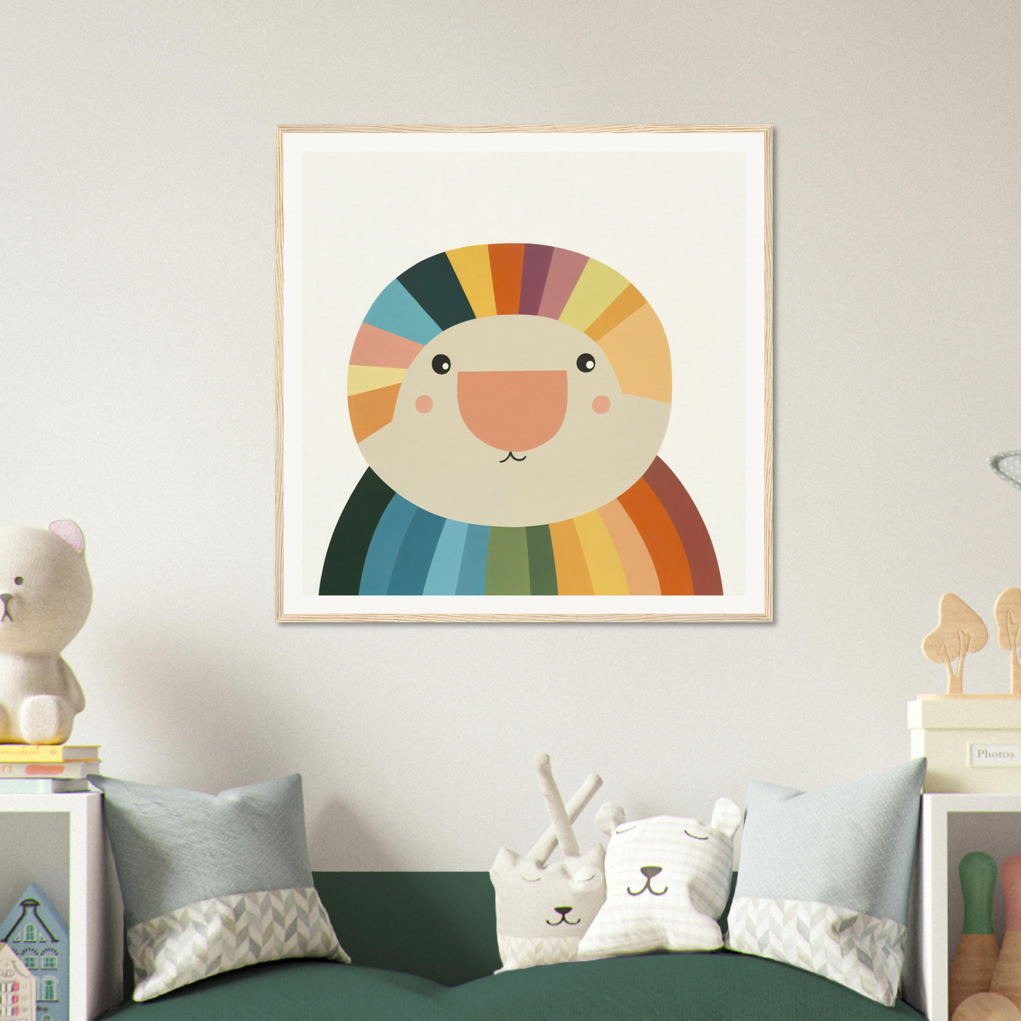 Colorful rainbow-striped smiling character framed poster for nursery wall art and decor
