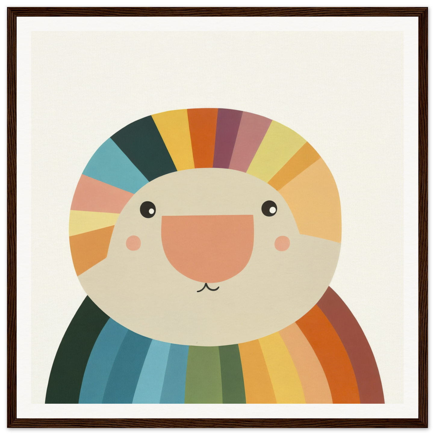 Smiling cartoon rainbow sloth with colorful mane, perfect for nursery wall art