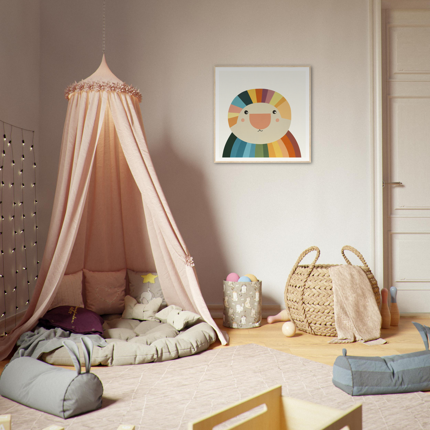 Pink canopy tent with draped fabric perfect for nursery decor or wall art in product57