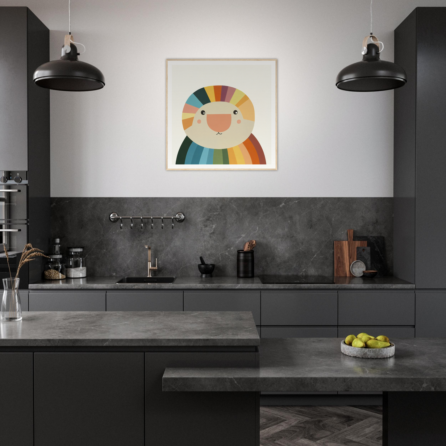 Modern dark kitchen featuring industrial lights and colorful nursery wall art