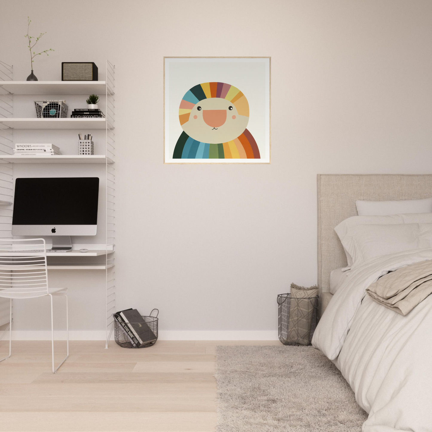 Minimalist bedroom with colorful geometric lion framed poster as nursery wall art