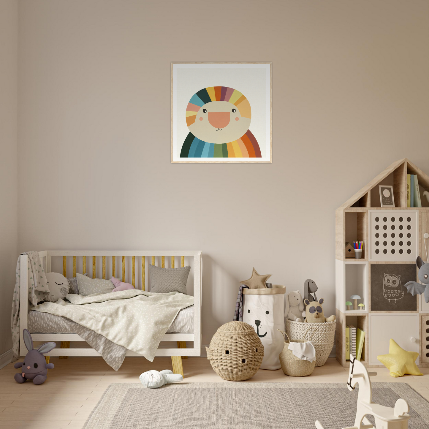 Wooden crib with light bedding and yellow accents perfect for nursery decor or wall art