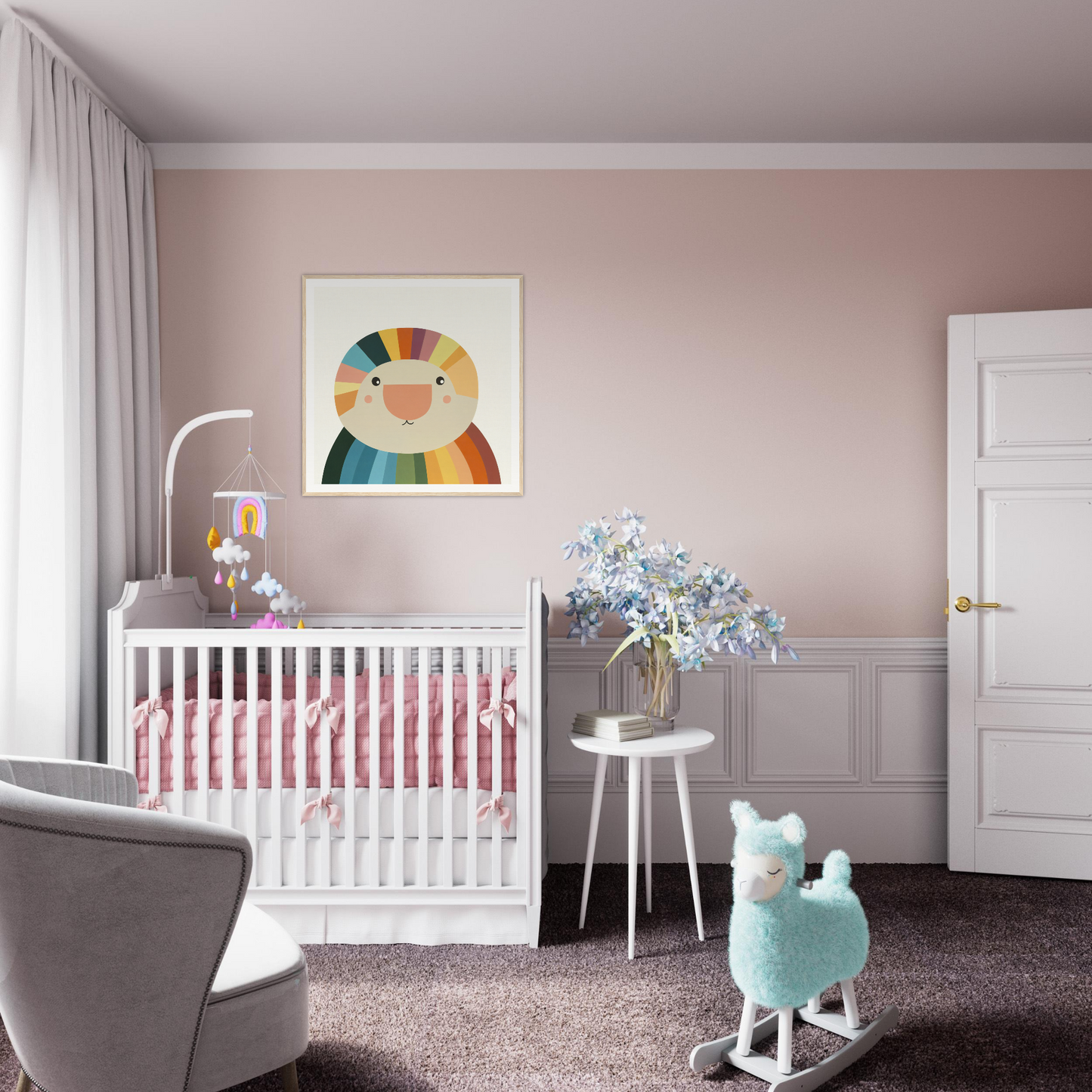 White wooden crib with pink bedding perfect for nursery decor and framed poster ideas