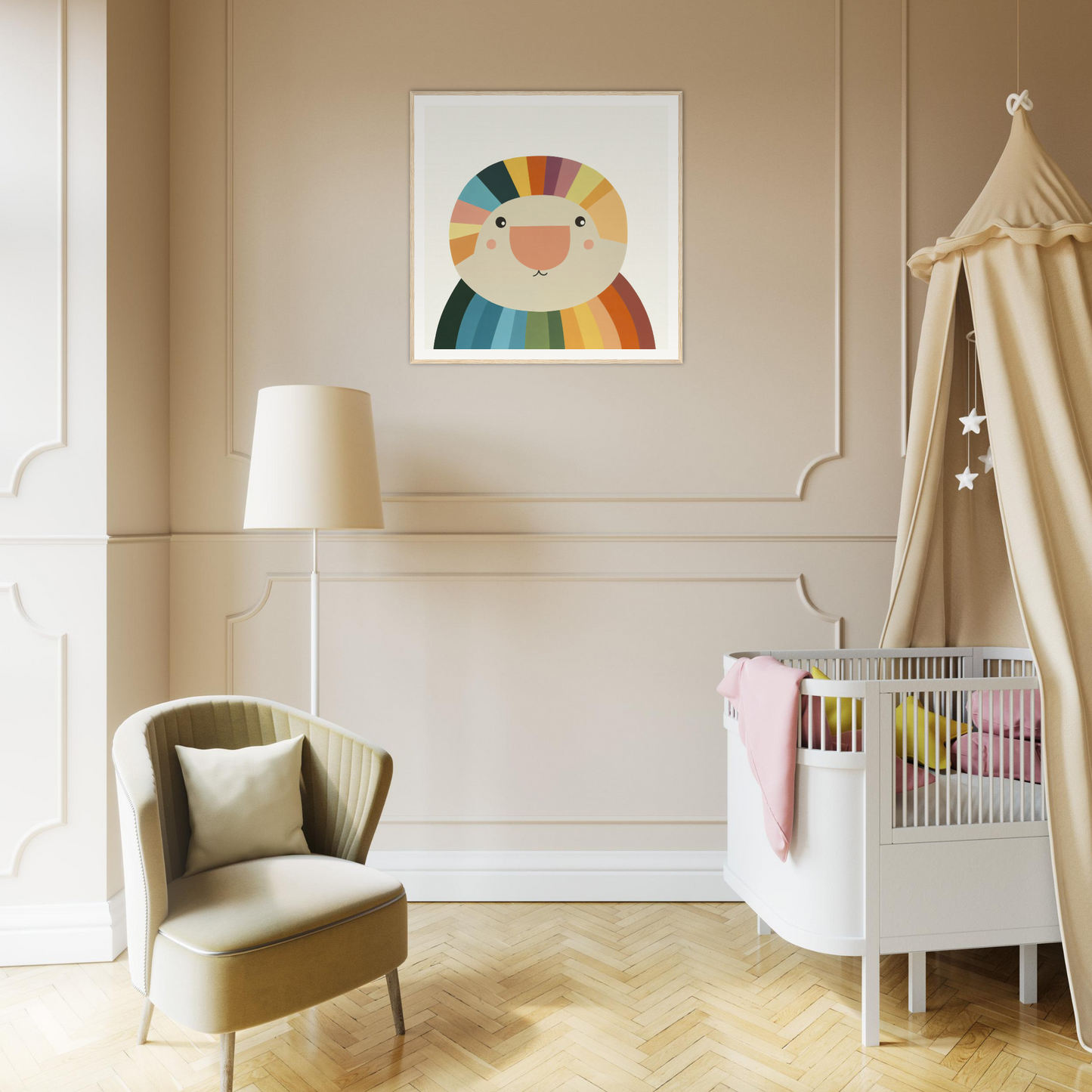 Modern nursery with a white crib, beige canopy, and colorful nursery wall art