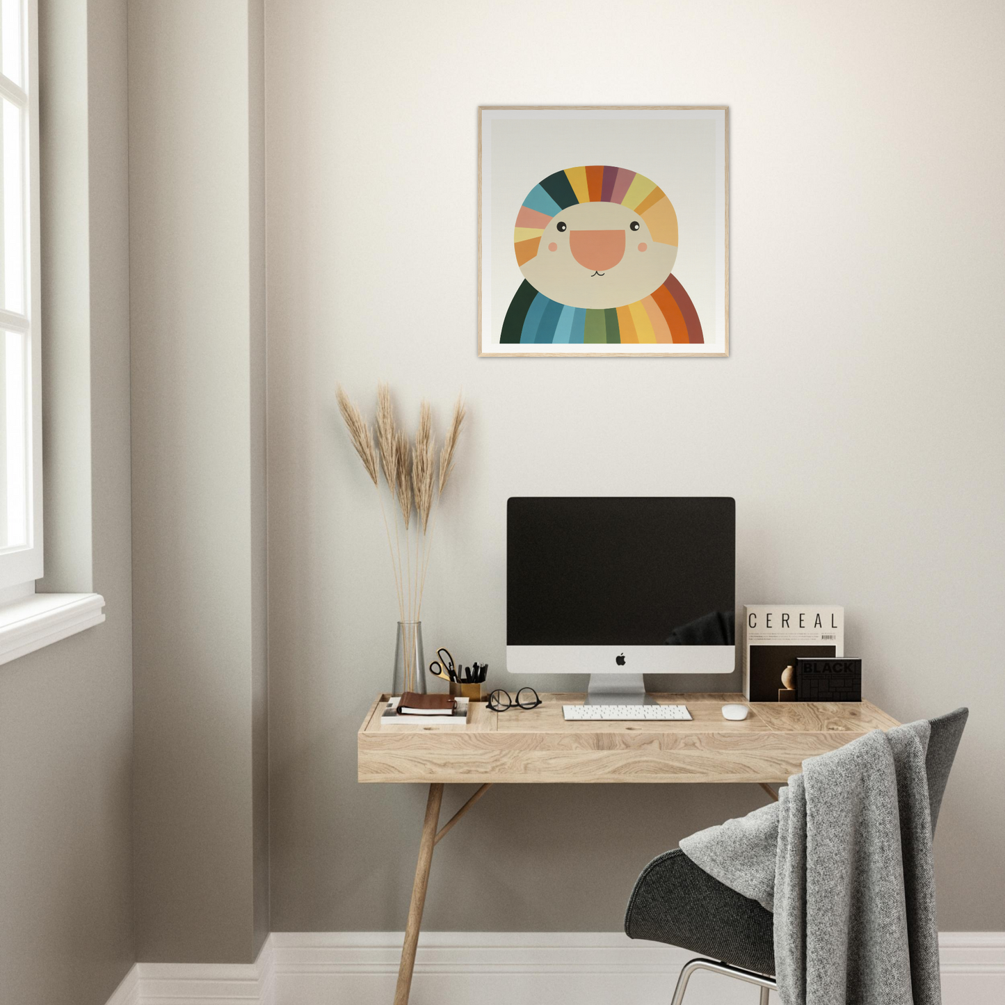 Minimalist wooden desk with iMac and colorful nursery wall art above product57