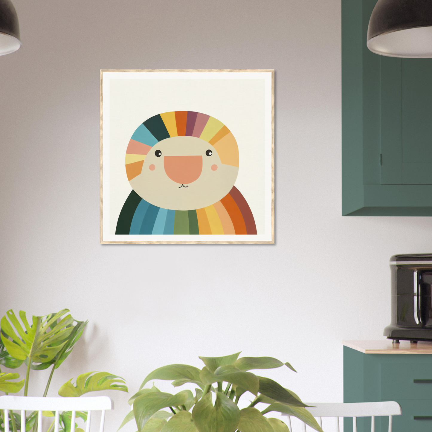 Colorful rainbow-striped lion artwork with a cute face perfect for nursery wall art
