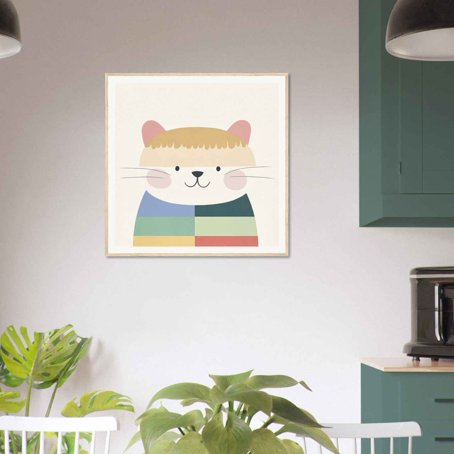 Framed cartoon cat in a colorful sweater for cute nursery wall art decor