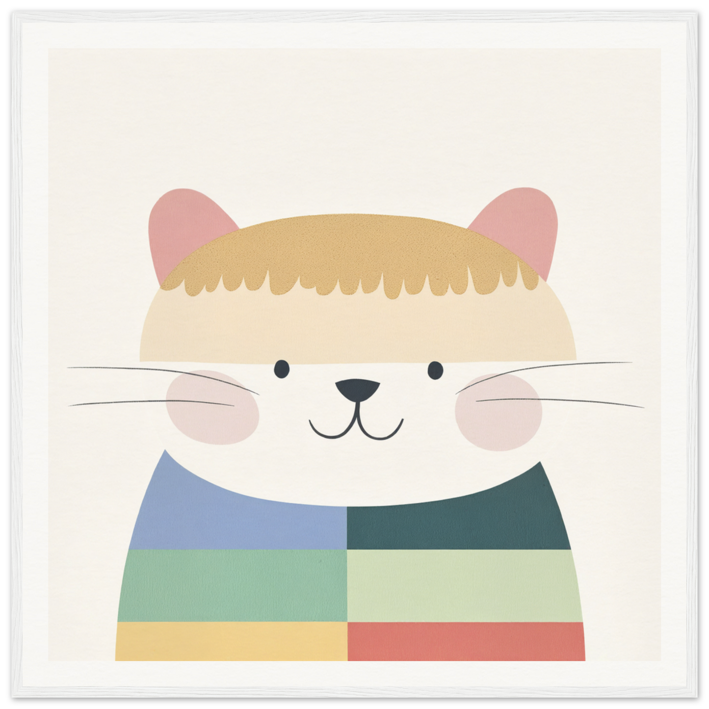 Cute cartoon cat in a colorful sweater for nursery wall art or decor