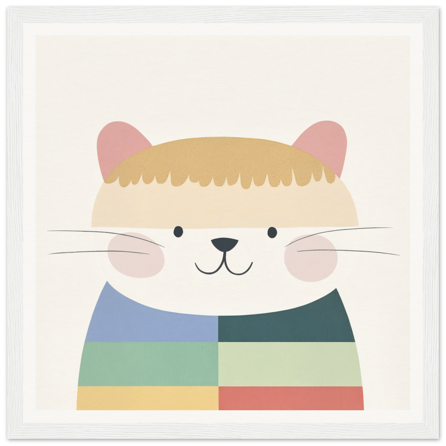 Cute cartoon cat in a colorful sweater perfect for nursery wall art or decor