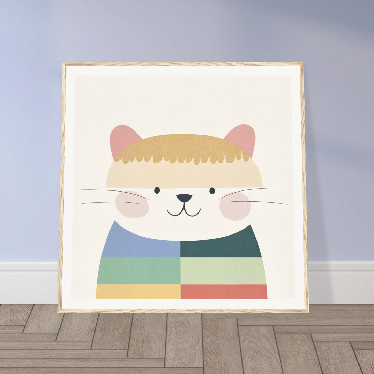Cute cartoon cat in a striped sweater for nursery wall art or decor, framed poster