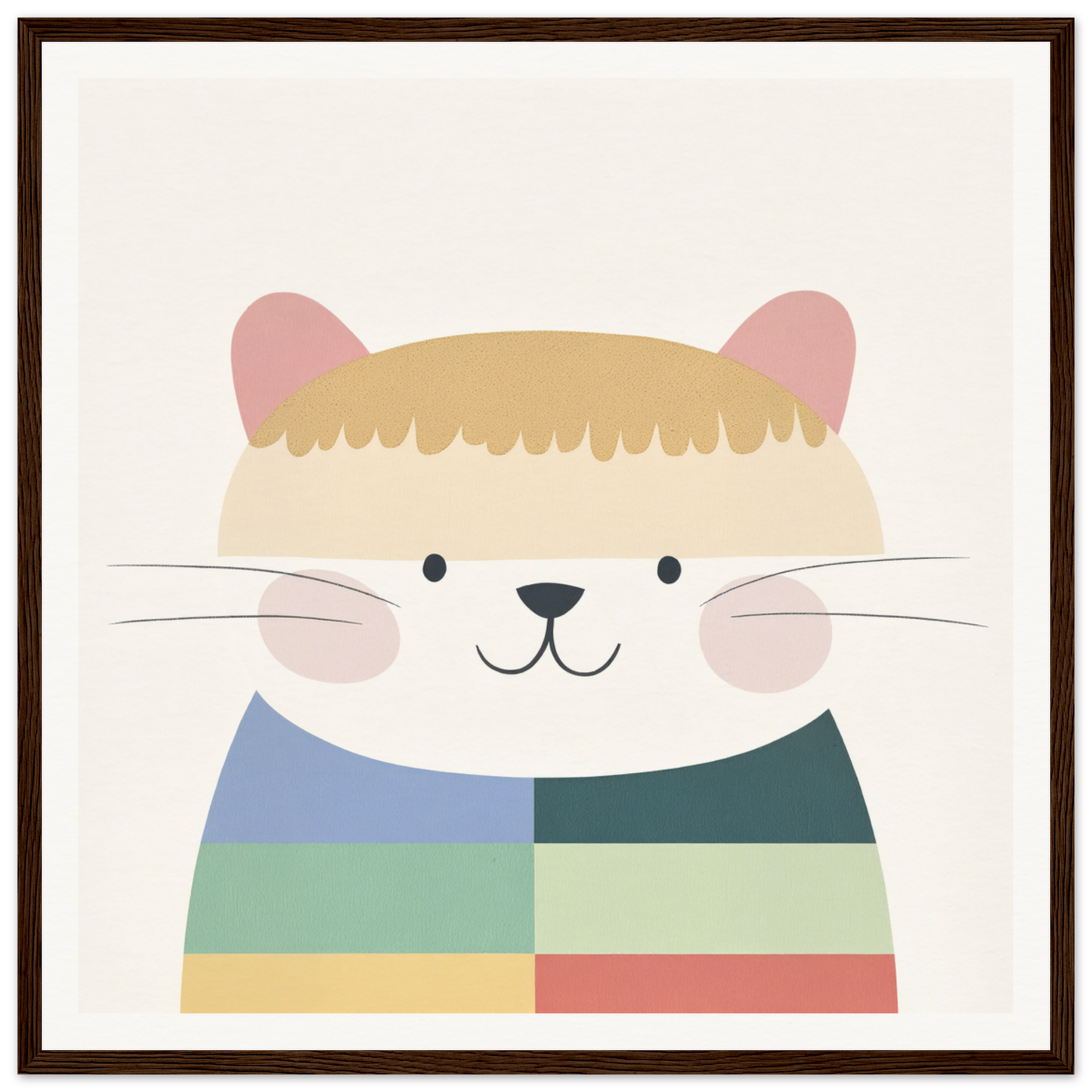 Cute cartoon cat in a colorful sweater perfect for nursery wall art or decor