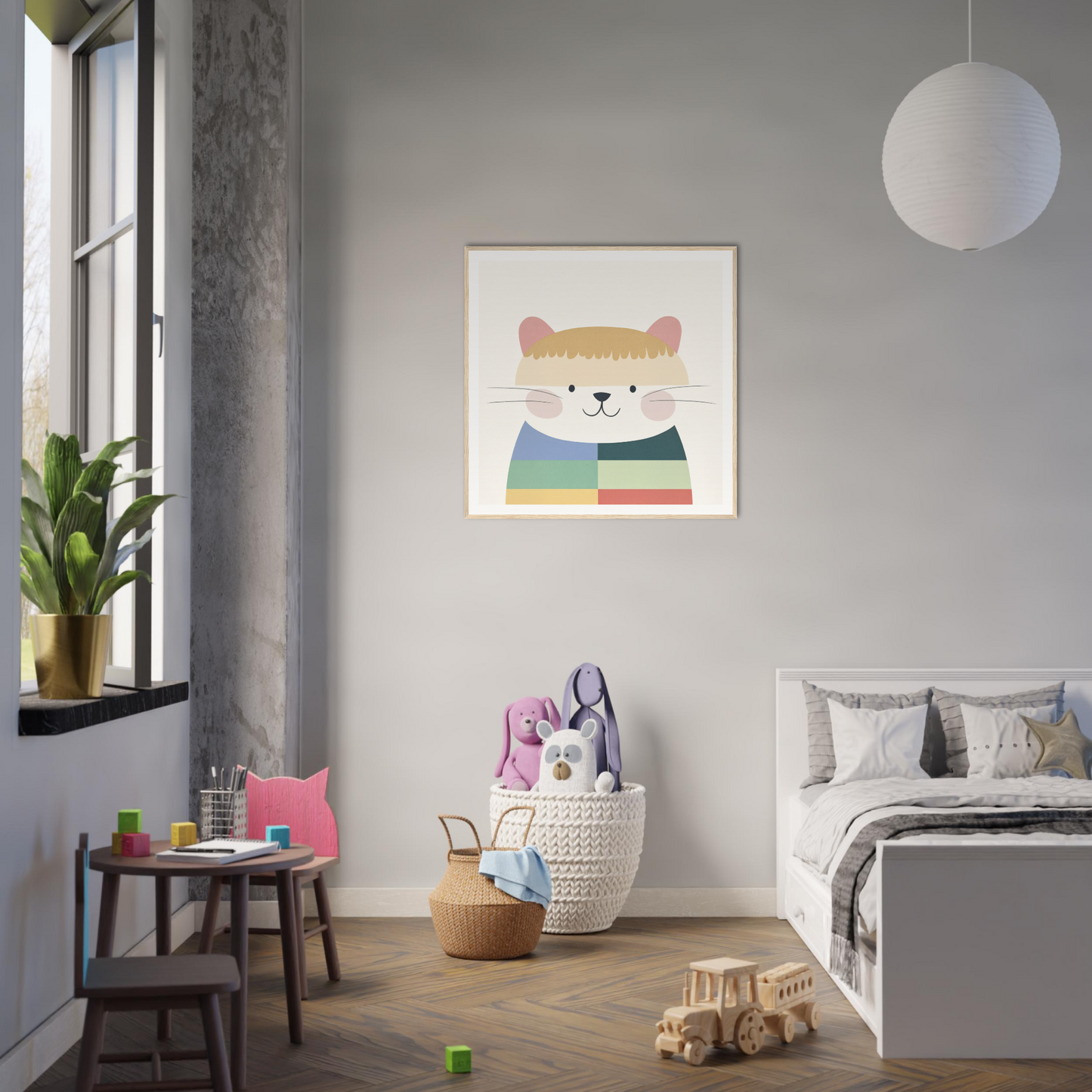 Cute cartoon bear in pastel stripes, perfect for nursery wall art or decor