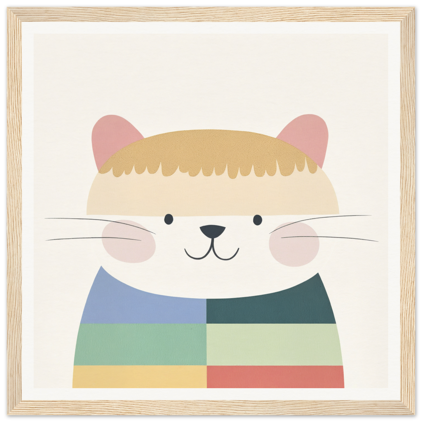 Cute cartoon cat in a colorful sweater perfect for nursery wall art or decor