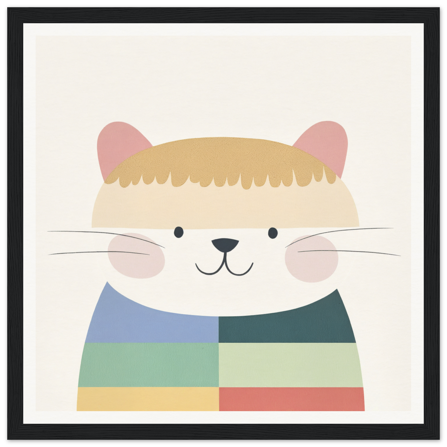 Cute cartoon cat in a colorful striped sweater for nursery wall art or decor