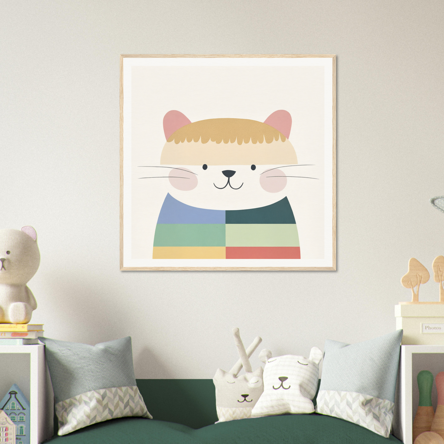 Colorful cartoon cat artwork in a striped rainbow sweater for nursery wall art
