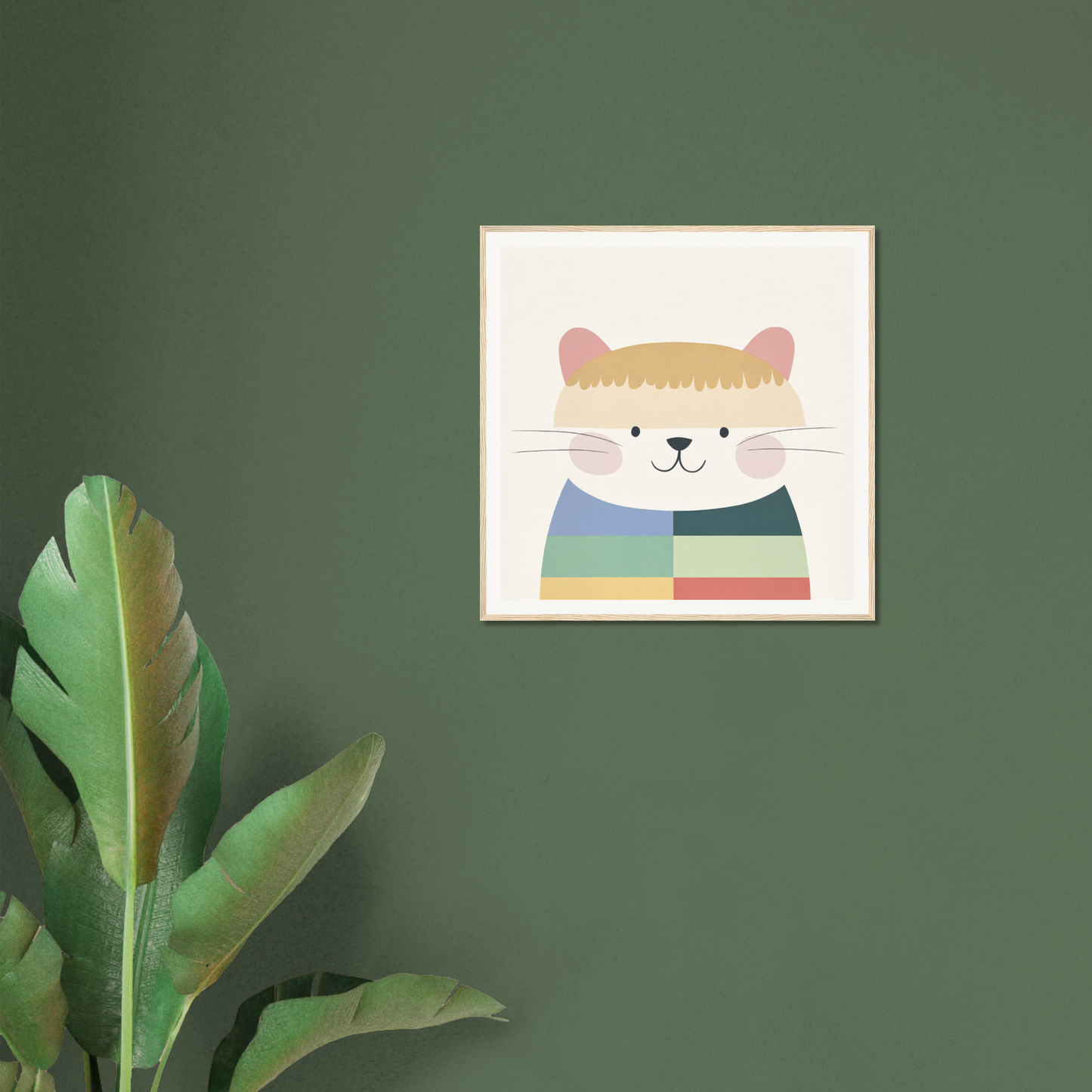 Framed cartoon cat in a striped sweater, perfect for nursery wall art and decor