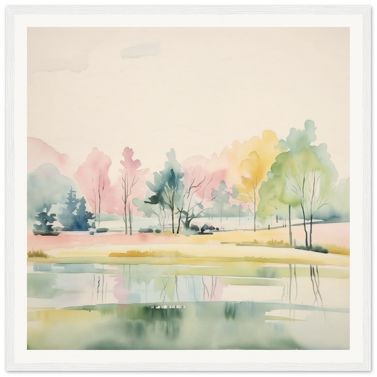 Watercolor painting of a serene lakeside for nursery wall art or decor