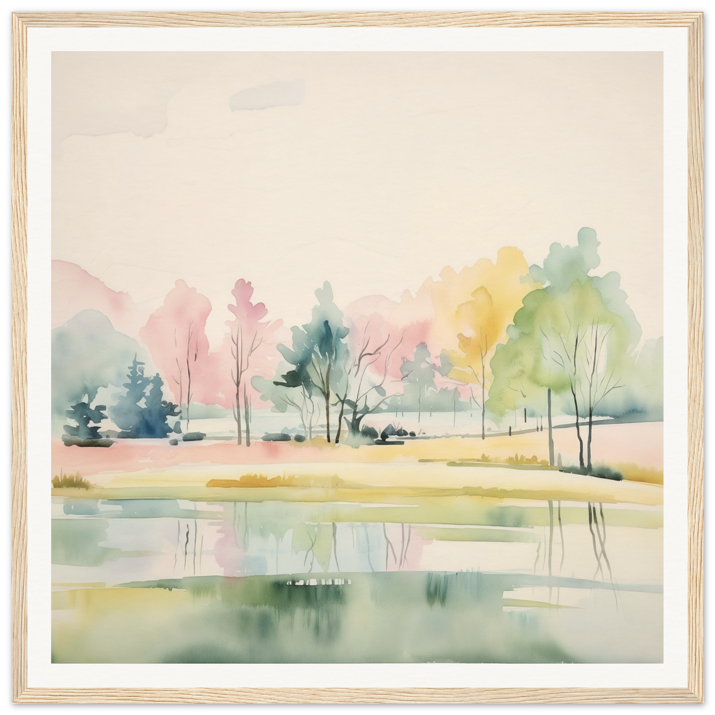 Delicate watercolor landscape of trees and pond for nursery wall art or decor