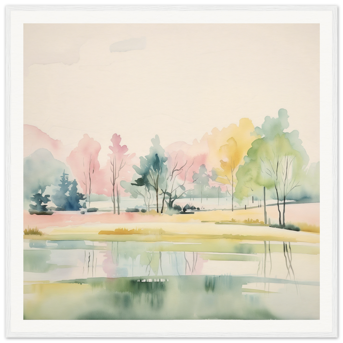 Watercolor painting of a serene lakeside with pastel trees, perfect for nursery decor