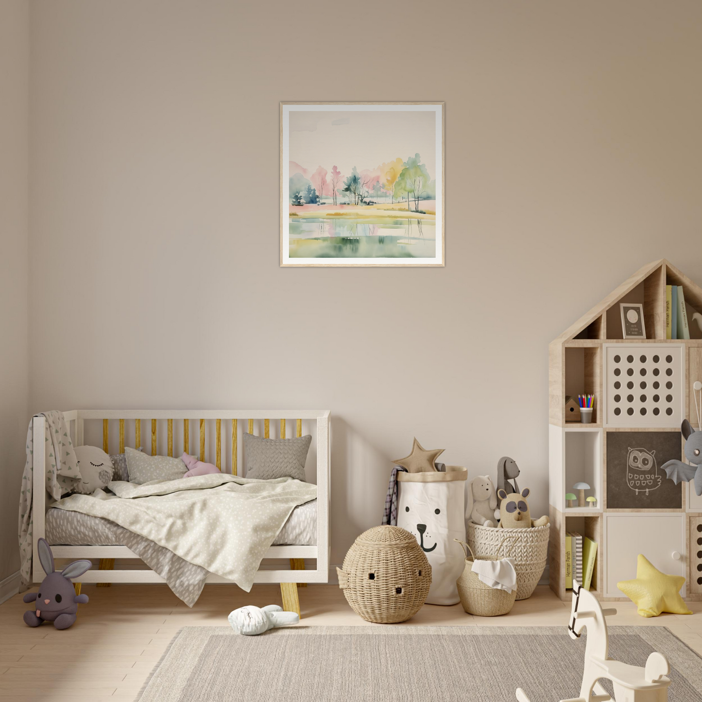 Wooden crib with gray bedding and yellow accents for trendy nursery decor